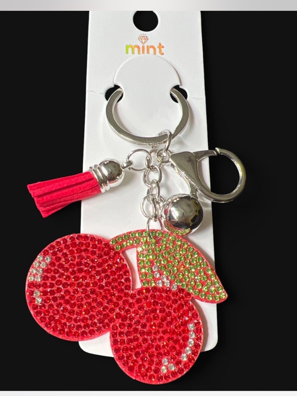 Mint Red Cherry Keychain with Green Crystal Leaf and Pink Tassel